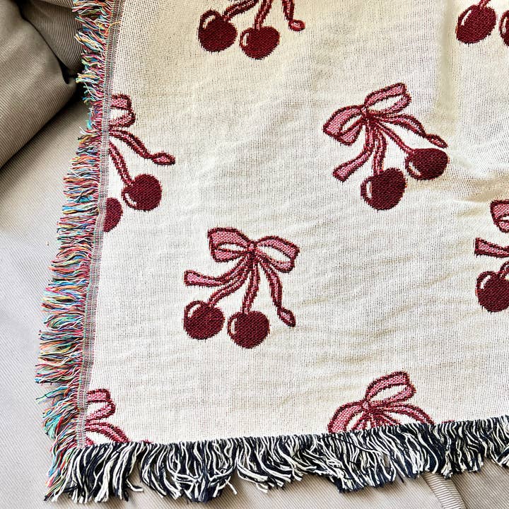 PunchyStuff Studio - Wholesale Throw Blanket - Coquette Cherry Bows - Cotton Woven Throw Blanket1