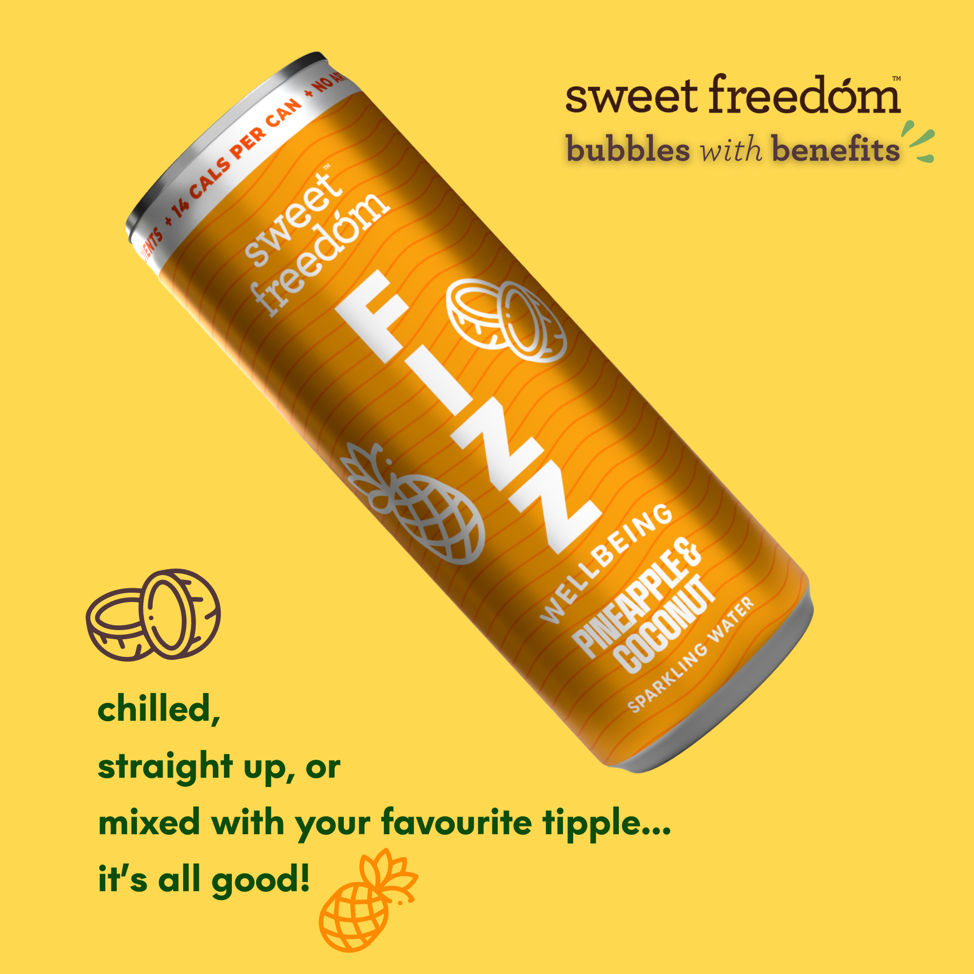 Sweet Freedom – wholesale Sparkling water – Sweet Freedom FIZZ™ Pineapple & Coconut sparkling water, 12x 250ml cans6