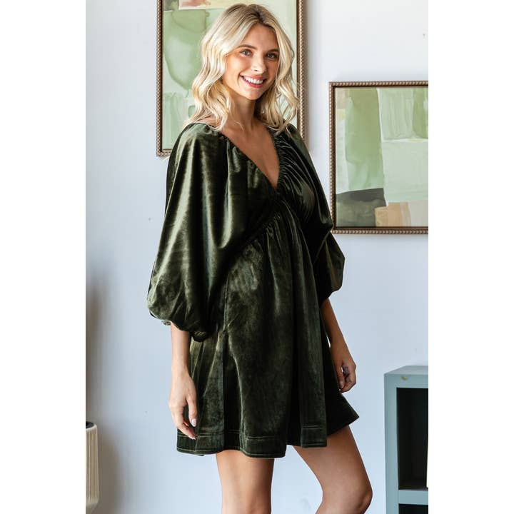 Veveret - Wholesale Dress - Women's - VelvetPuff Sleeve Deep V-neck Short Dress