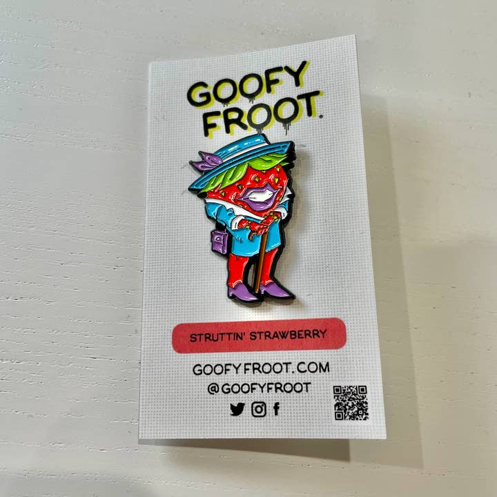 Struttin' Strawberry Enamel Pin for wholesale by Goofy Froot
