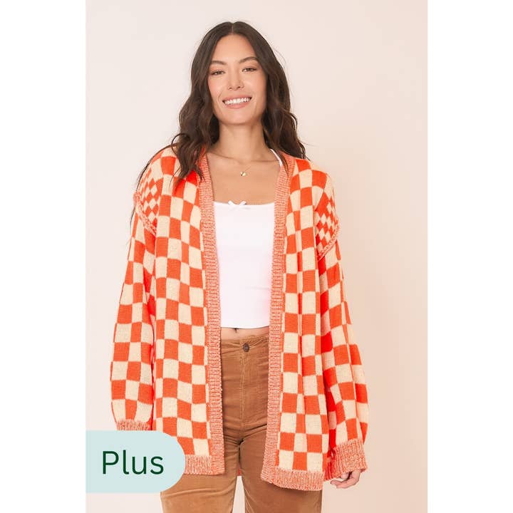 Checker Jacquard Strikket Åben Cardigan for engroshandel hos Cozy Casual, Inc.