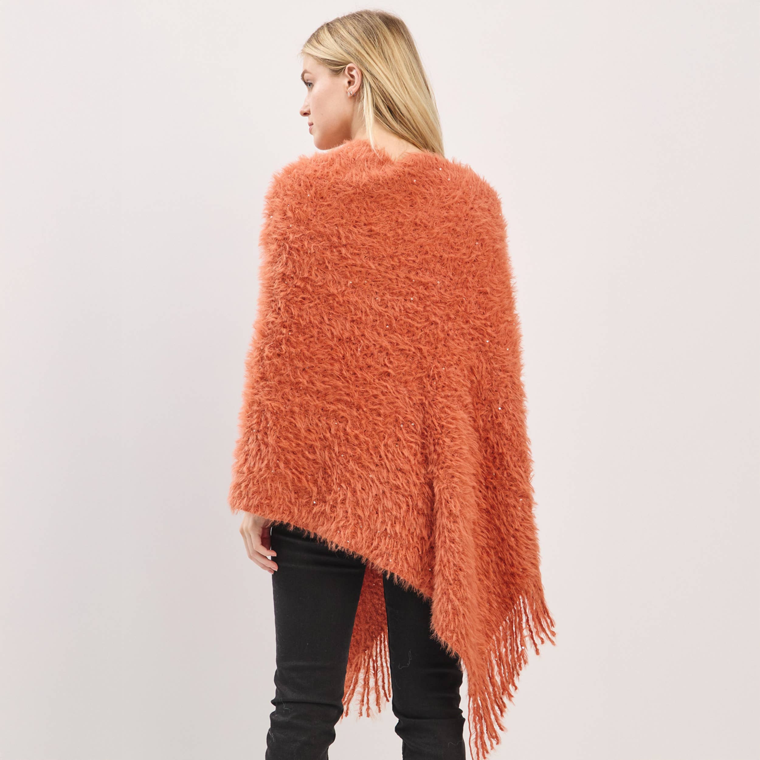 Hana – wholesale Poncho – Women's – Fuzzy Sequin with Fringe Light Weight Poncho16