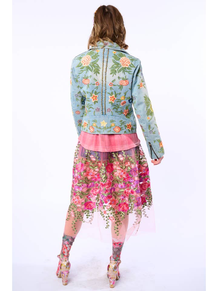 Lucinda Embroidered Denim Motorcycle Jacket for wholesale on Faire7