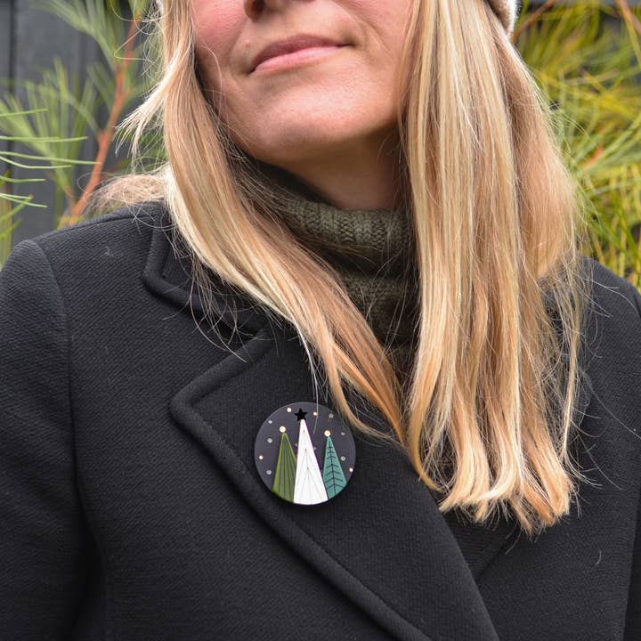 Snow Globe Brooch · Round Pin · Christmas Tree · Festive for wholesale by Bird of Virtue