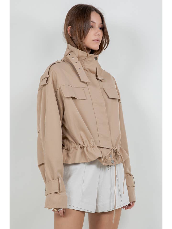 UTILITARIAN WOVEN JACKET WITH ADJUSTER DRAWSTRINGS - KHAKI for wholesale on Faire2