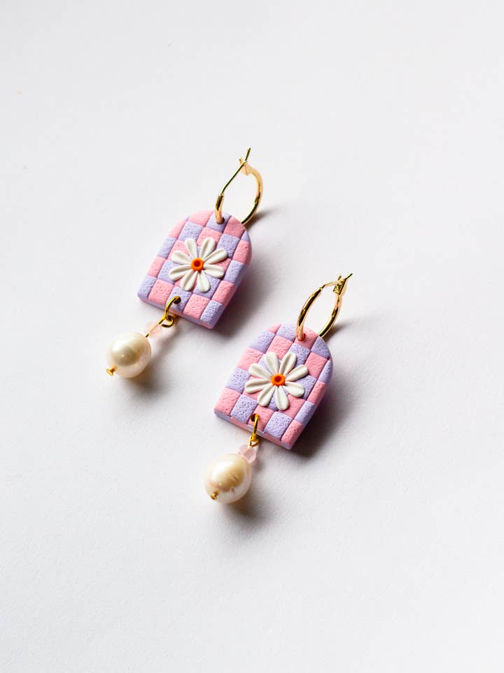 Polymer Clay Checkerboard Daisy Hoop with Pearl for wholesale by Slow Day Studios