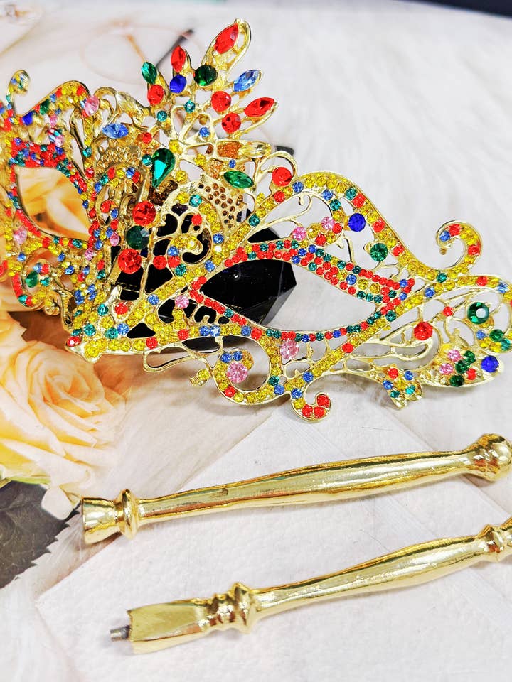 Happy Dream Gifts - Wholesale Costume - Women's - Rainbow Masquerade Mask, Crystal Handheld Mask, Gold Mask