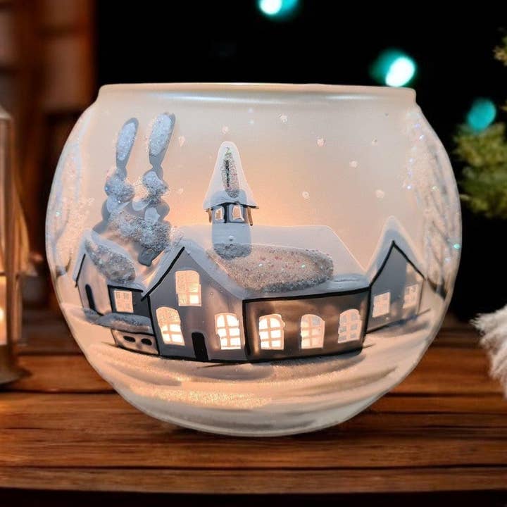 Glass by Iness - Wholesale Candle Holder - Small Frosted Glass Candle Holder, Hand Crafted in Ukraine, White Church Winter Wonderland, Wonderful Year Round0