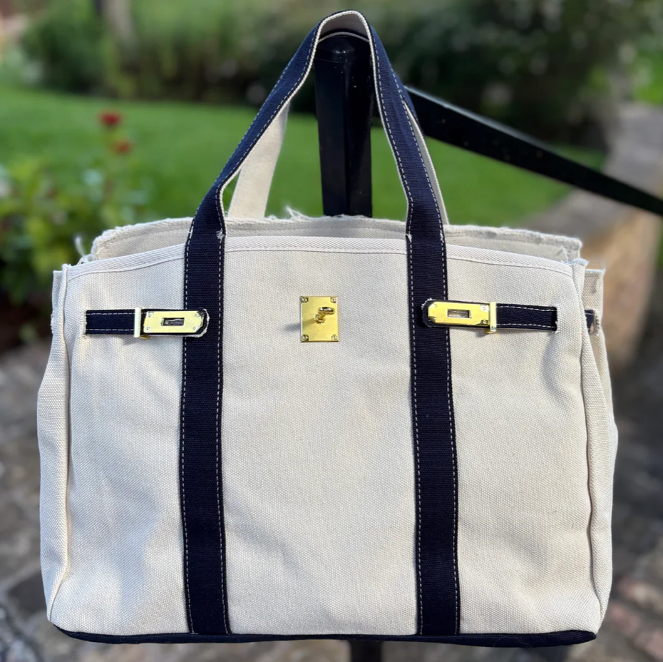 Runway Athletics - Wholesale Tote Bag - Women's - Canvas Tote Bag w/ Gold Buckle Hardware - Navy Trim  3
