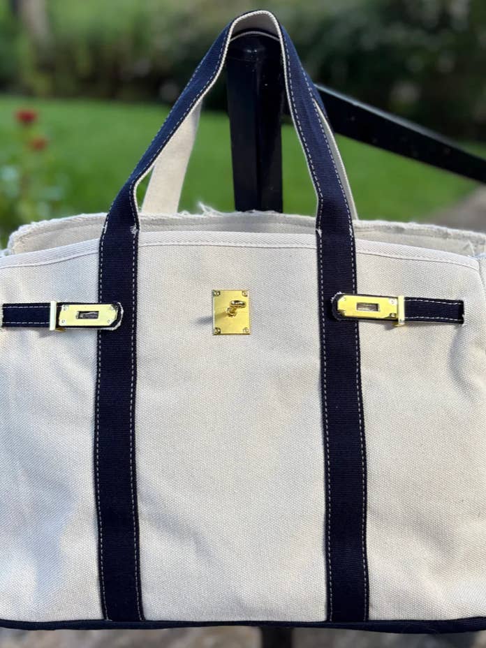 Canvas Tote Bag w/ Gold Buckle Hardware - Navy Trim for wholesale by Runway Athletics