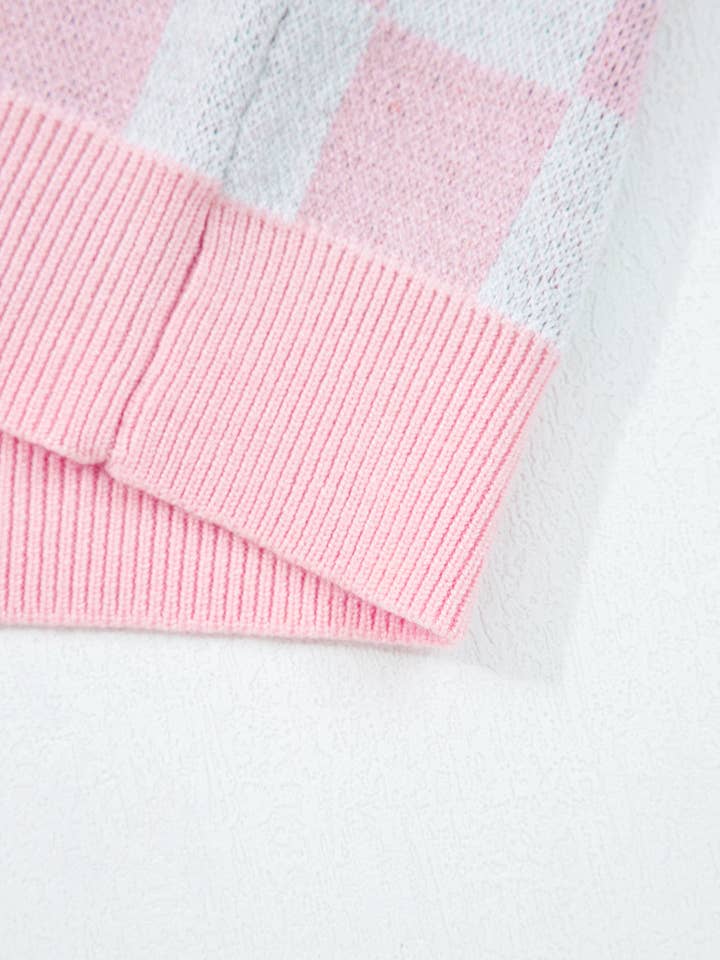 Pink Checkered Christmas Tree Pattern Button V Neck Cardigan Sweater for wholesale on Faire5