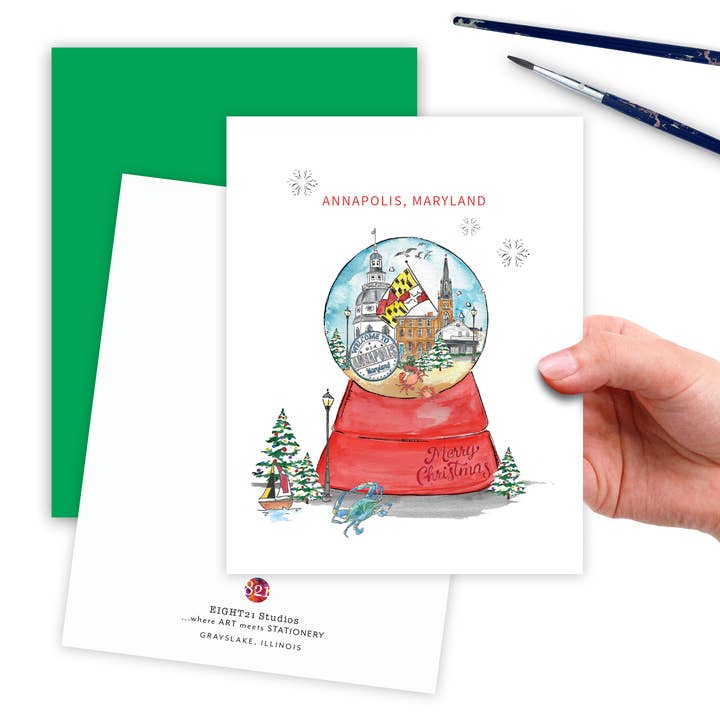 Eight21 Studios + Unique Greeting Cards, Art and Stationery - Wholesale Christmas Card - Annapolis Maryland Skyline Snowglobe Christmas Greeting Card1
