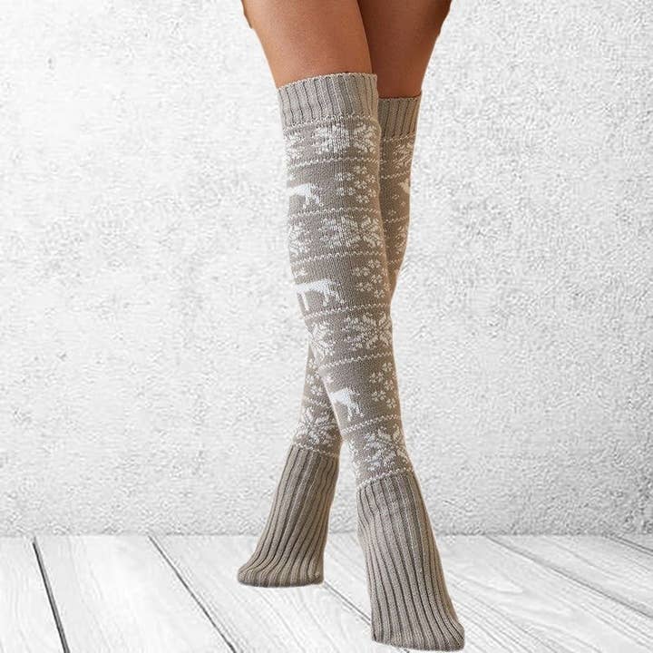FurDecoration – wholesale Strumpor - Dam – Tjocka julsnöflinga Jacquard stickade långa strumpor