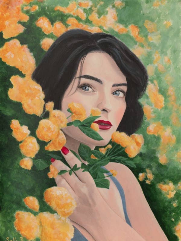 Illustration portrait de femme avec fleurs orange pour la vente par Sally B
