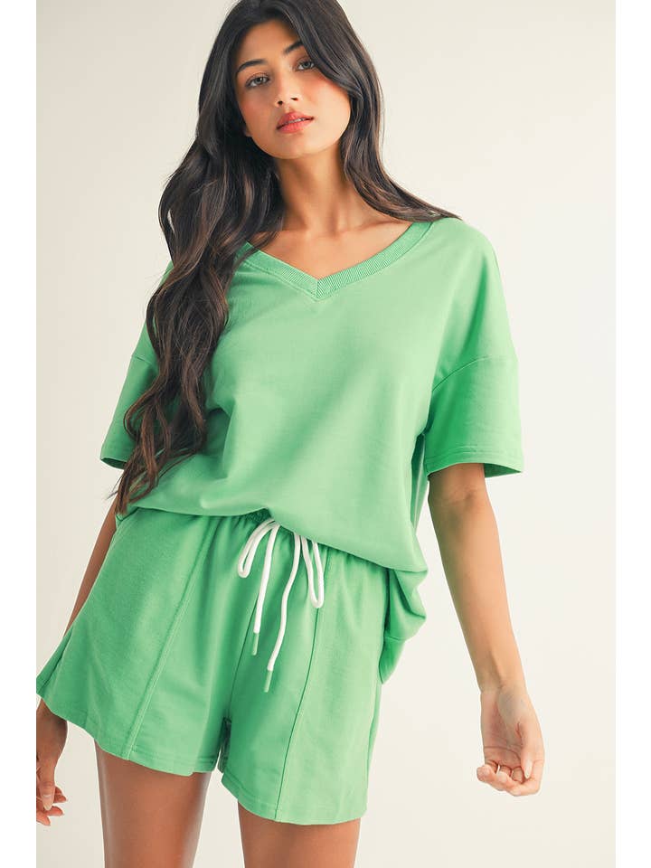 Little Daisy Closet - Wholesale Lounge Set - Women's - LDC V Neck Drop Shoulder Tee and Patchwork Drawstring Shorts