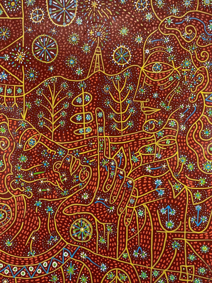 Projektion innerster Welten. Acryl- und Ölmarker auf Leinwand. 18" x 24". John Kline Kunstwerk. Linie rote gelbe abstrakte expressionistische Malerei für den Großhandel von John Kline Artwork