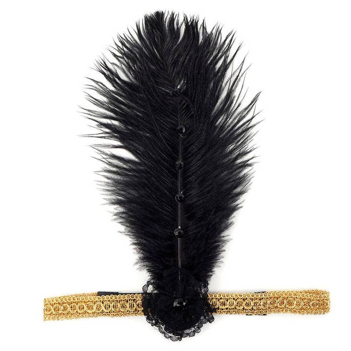 Zucker Feather Products - Wholesale Fashion Headband - Women's - Ostrich Flapper Headband Black/Gold2
