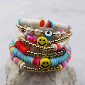 Clay Bead/flat Bead Smiley Bracelet Stack -  Canada  Bracelets  handmade beaded, Clay bracelet, Polymer clay bracelet