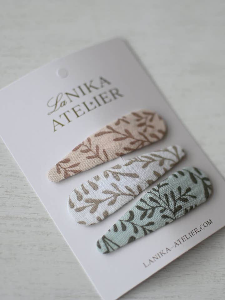 Haarspangen-Set: Trio-Zweige (Mint, Grau-Weiß und Rouge) für den Großhandel von Lanika Atelier, Nika Korošec s.p.