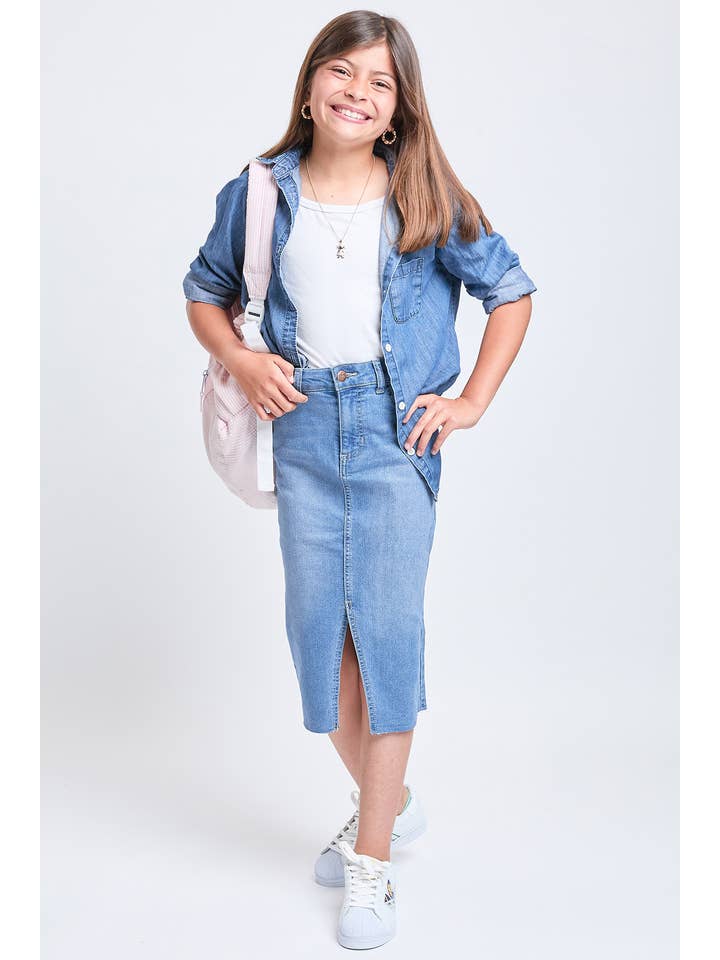 Mørk Indigo Lang nederdel i denim foran til piger med slids rå kant for engroshandel på Faire