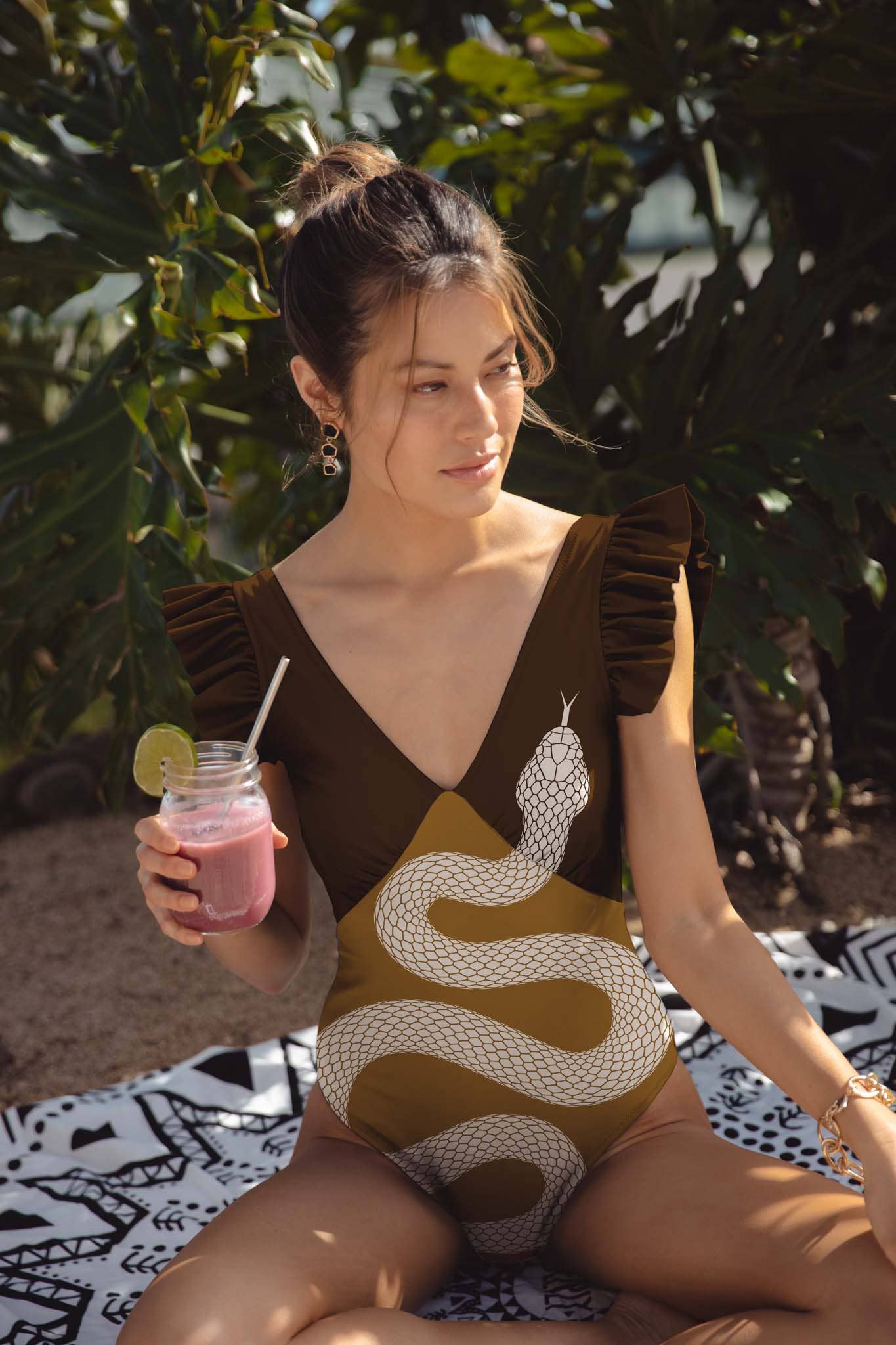 Snake Print on Olive Corina Plunge One-Piece for wholesale on Faire2