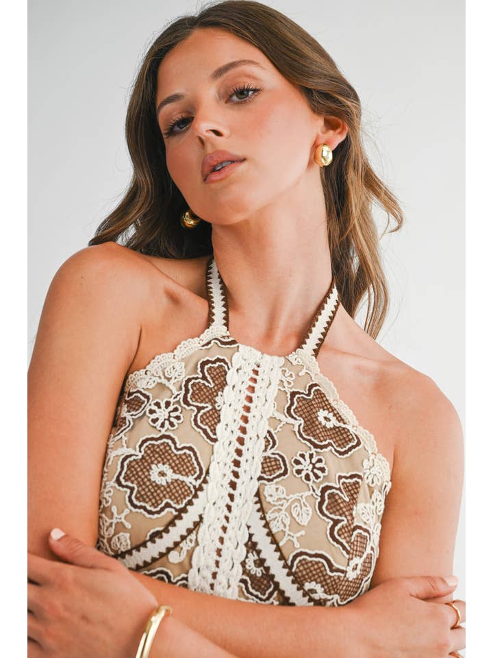 BRWON IVORY BD5081 Embroidered Halter Neck Midi Dress for wholesale on Faire1