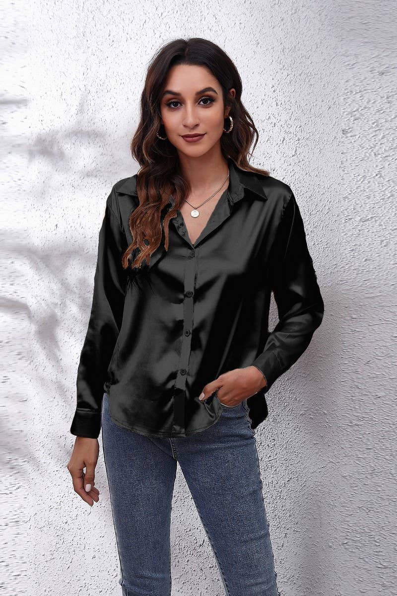 NINEXIS - Wholesale Button Down Shirt - Women's - CWTBLL0691_Button Down Silky Satin Long Sleeve Top11