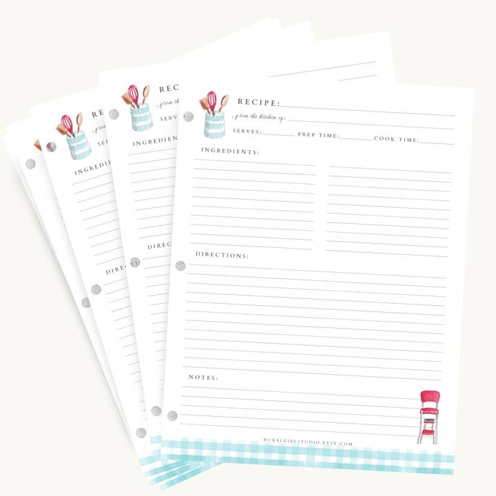 Recipe Binder Filler Paper Package- Retro kitchen for wholesale by Rural Girl Studio