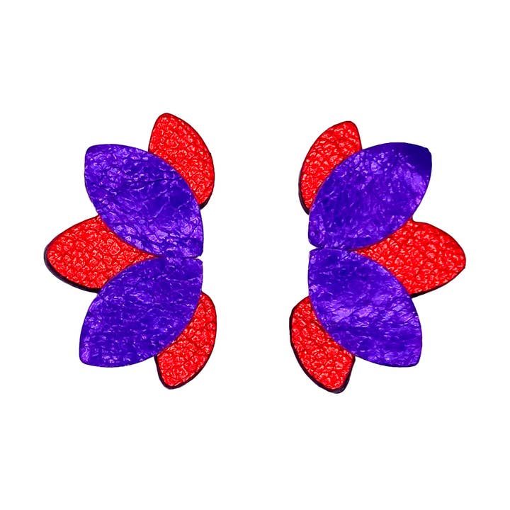 Flower stud earrings in red and purple leather for wholesale by Manali