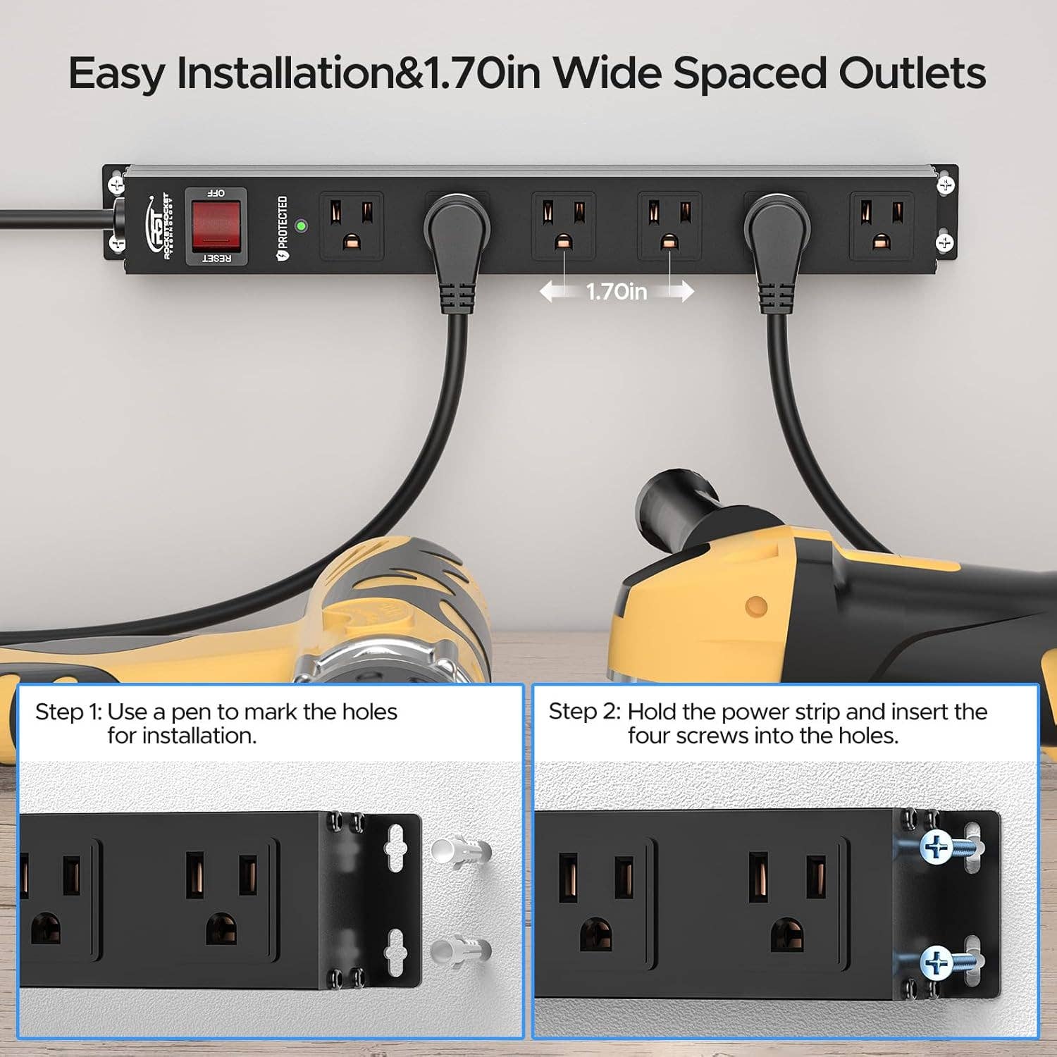 Rocket Socket Technology - Wholesale Power Adapter - CRST 2PK Wider Spaced 6 Outlet Metal Surge Protector Power Strip 2100J 15A 1875W Heavy Duty Mountable Power Bar 6FT Flat Plug Extension Cord2