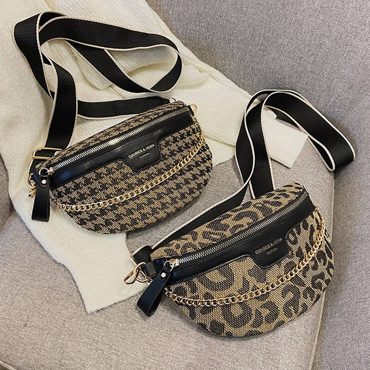 ACCITY - Wholesale Belt Bag - Women's - LEOPARD PRINT BLACK CHAIN STRAP FANNY BELT BAG_CWAB092315