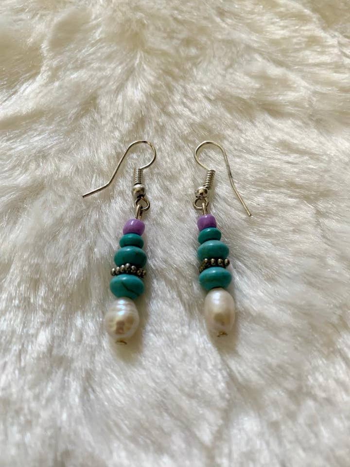 Silver Turquoise Purple Bead Pearl Earrings for wholesale by Petals Jewelry Designs By Brandi Crain