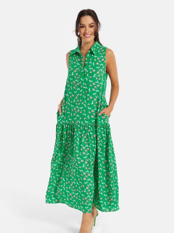 Liquorish Oversized Cherry Print Maxi Dress in Green for wholesale by Liquorish