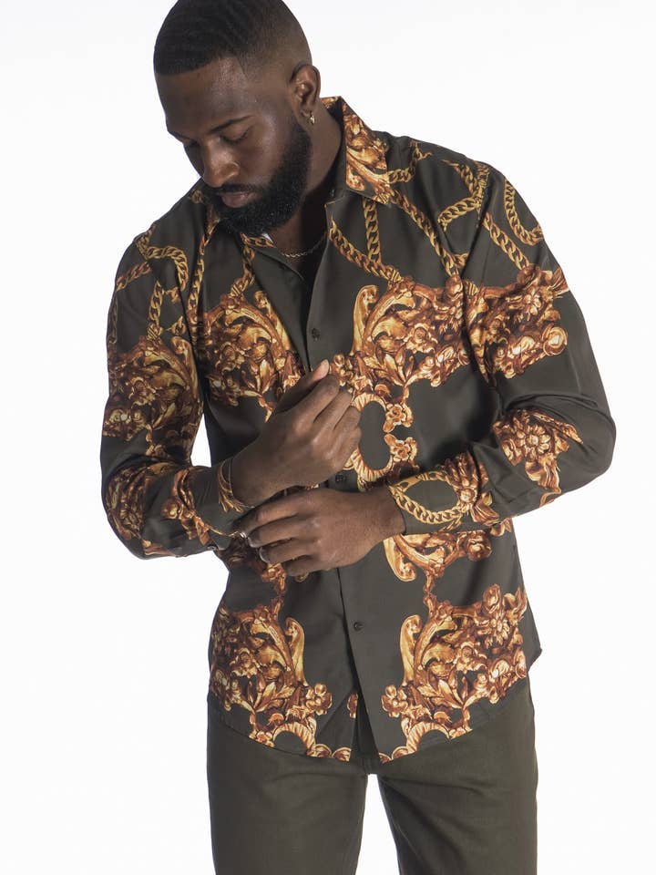 M1828 Accardo Printed Shirt - Olive for wholesale by Frost Originals