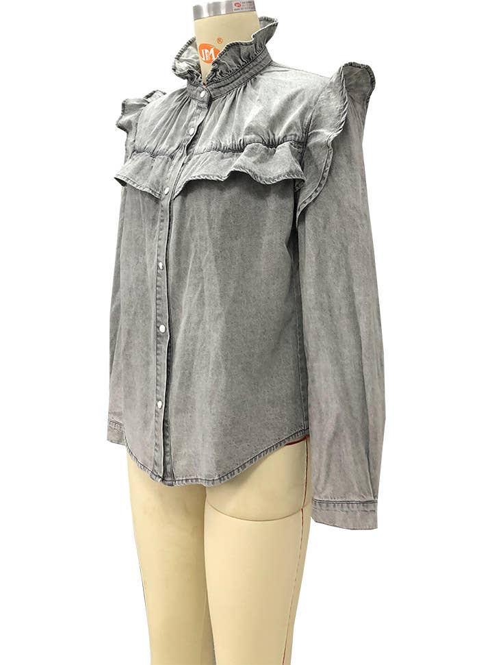 Grey TOPW610 Ruffle Button Closure Denim Blouse Top Women for wholesale on Faire4