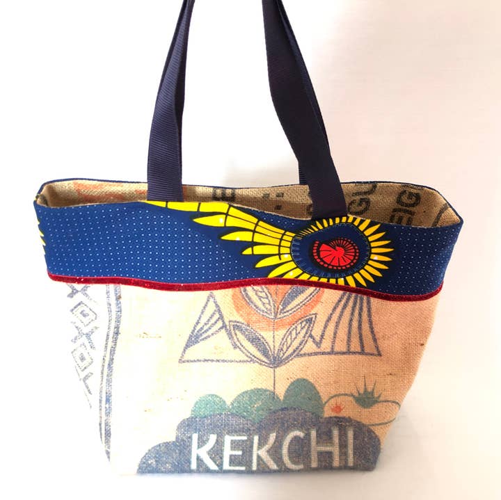 Large beige jute tote bag - upcycled coffee sack - with fabric application for wholesale by K-chik