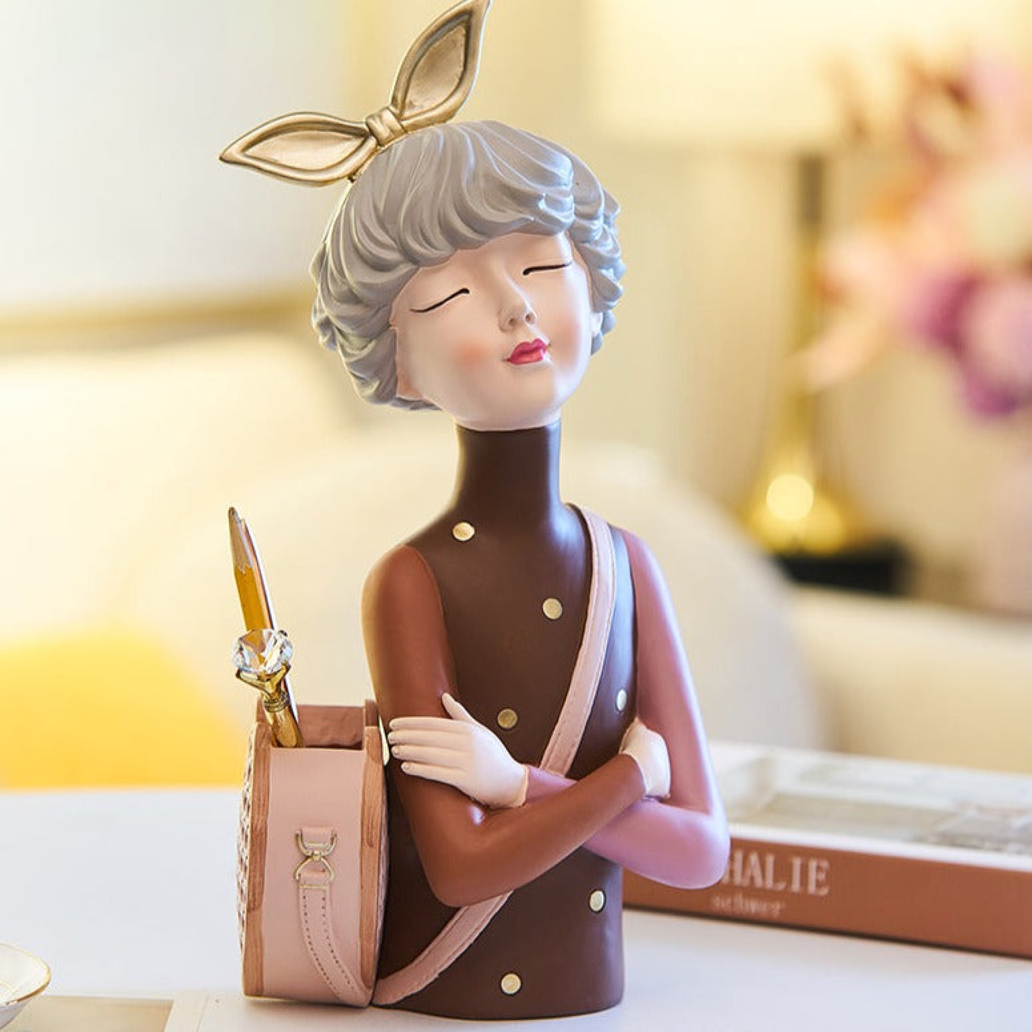 Sona Casa - Wholesale Decorative Figurine - Classy Female Bust Statue Storage and Vase in One, Makeup Organizer, Small Items Storage, Vanity Table Decor, Ladies Gift Brown Polyresin 14 inch 34 cm3