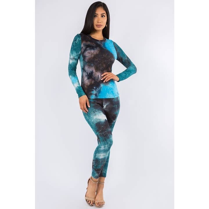BLACK TURQUOISE Tie Dye Loungewear Set for wholesale on Faire