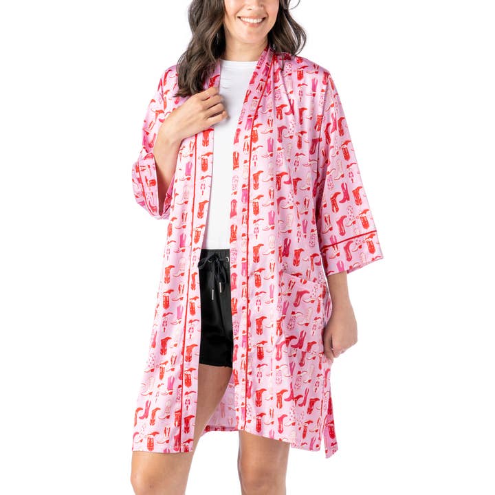 DM Merchandising - Wholesale Robe - Women's - Hello Mello Boots & Bubbles Satin Pajama Robe Open Stock3