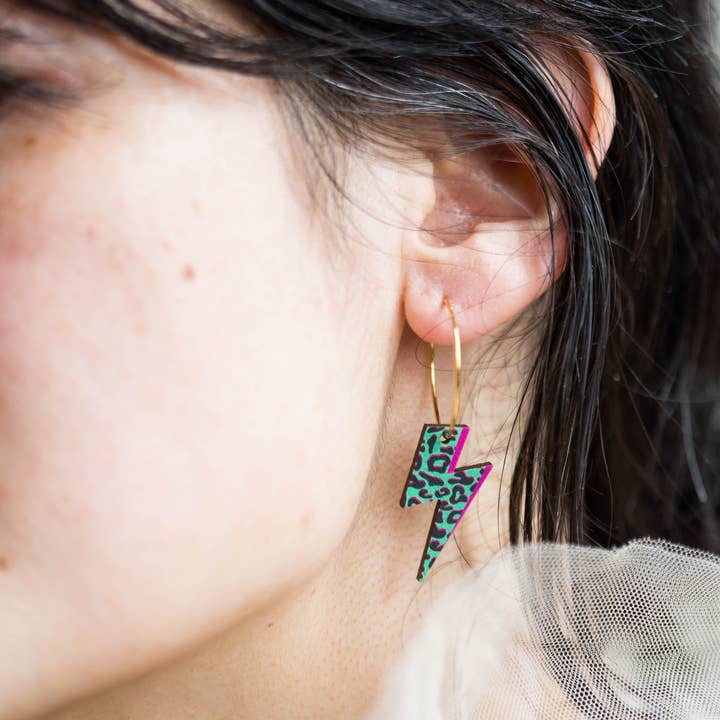 Izzy Daze - Wholesale Hoop Earrings - Rebel Rebel - Lightning Bolt Leopard Print Hoop Earrings