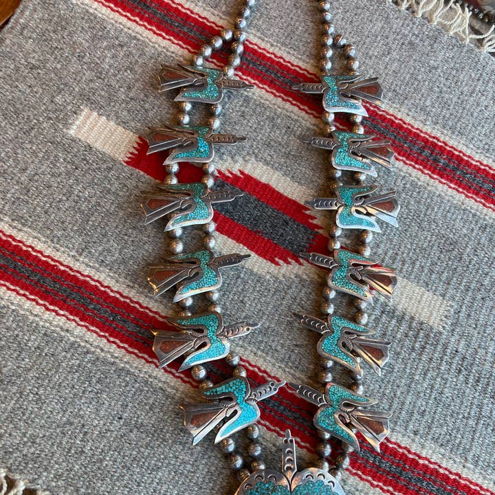 Vintage Navajo Peyote Bird Necklace with Turquoise and Coral for wholesale by Rainbow Trading Post
