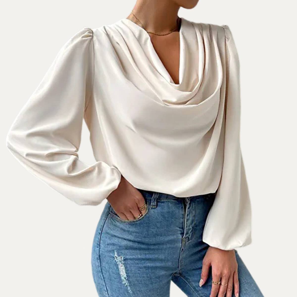 The Moment Collection – Engroshandel Bluse - Dame – Trendy Ensfarvet Cowl Neck Langærmet Top2