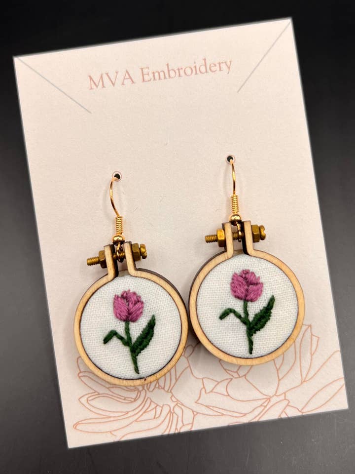 Hand Embroidered Tulip Floral Earrings for wholesale by MVA Embroidery