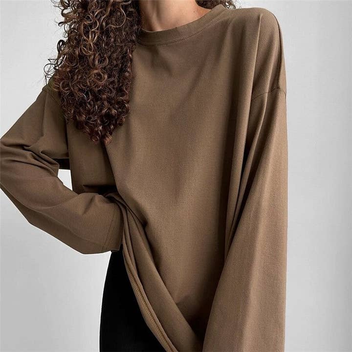 Loose Solid Color Round Neck Long Sleeve T-Shirt for wholesale by UZ Wholesale Store