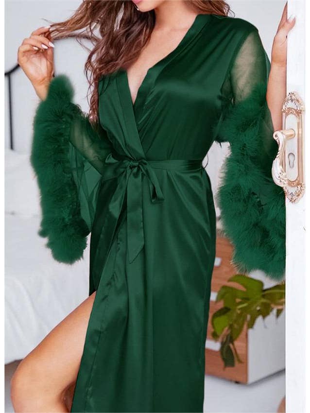 HIDDENBRAND - Wholesale Dress - Women's - Feather paneled mesh loungewear bathrobe dress multicolored9