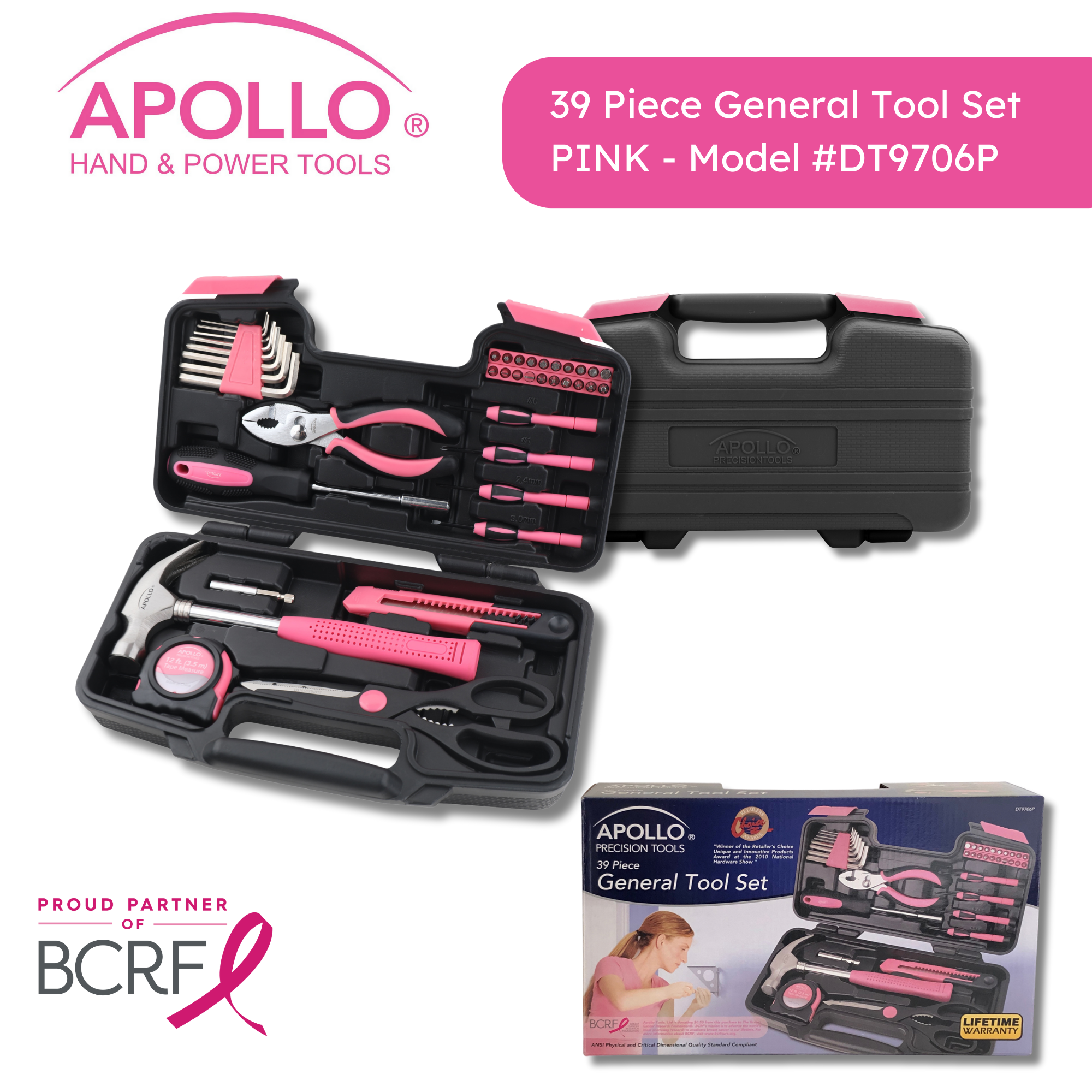 Apollo Tools - Wholesale Handy Tool - 39 Piece General Tool Set Pink2