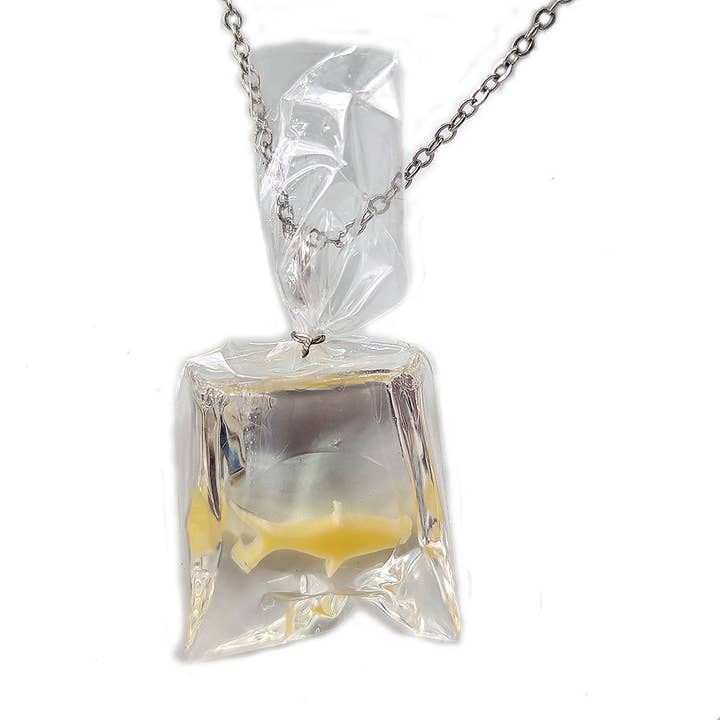 Fish in a Bag Yellow Goldfish Fish Resin Necklace for wholesale by Stylish Jewelry Supply