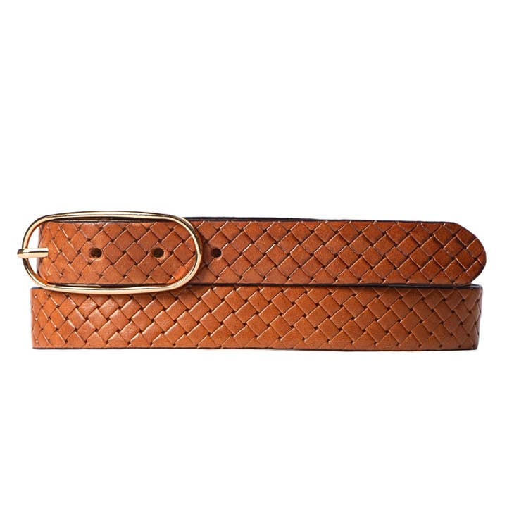 Aika - Tan Braided Embossed Leather Belt with Oval Buckle - Made in Canada for wholesale by NAB LEATHER