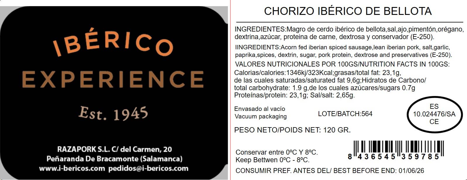 IBERICO EXPERIENCE - Wholesale Varkensvlees - Ibérico chorizo van eikels gevoerde varkens, 120 g2