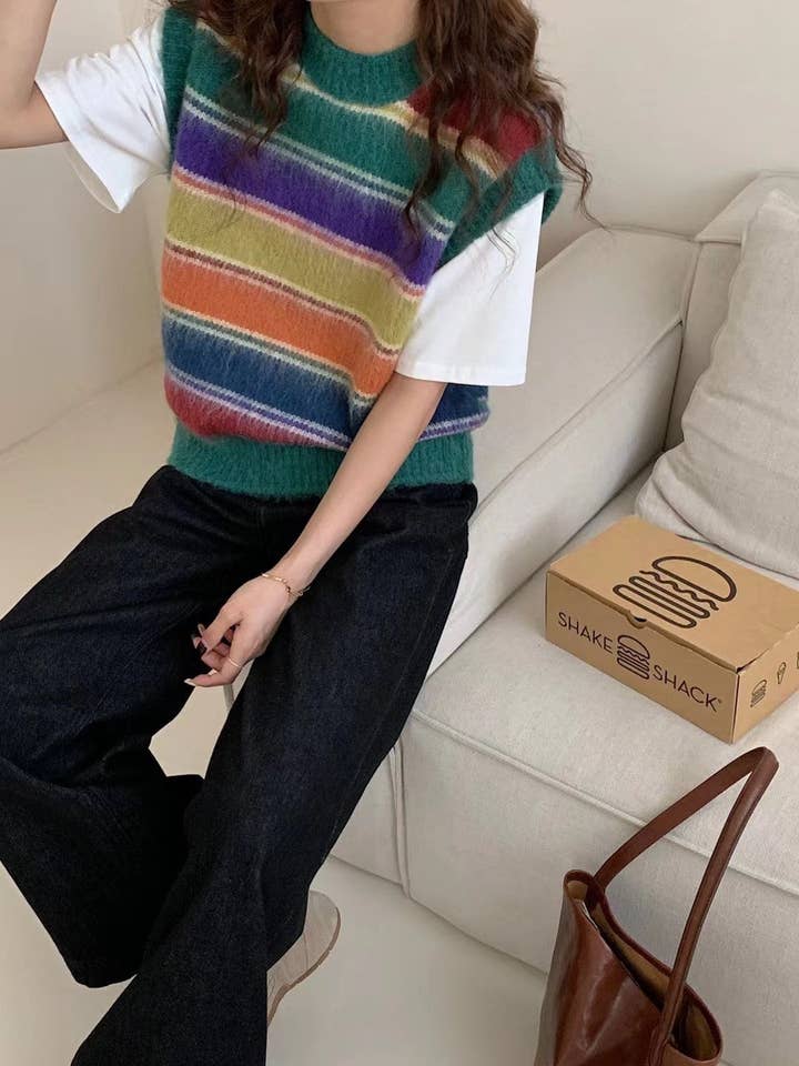 Marayn - Wholesale Cardigan - Women's - Retro Rainbow Stripe Knit Cardigan Cozy Chic13